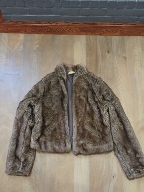 Hollister Faux Fur Jacket Women’s Large Brown Tan Shaggy Winter Coat Y2K Boho
